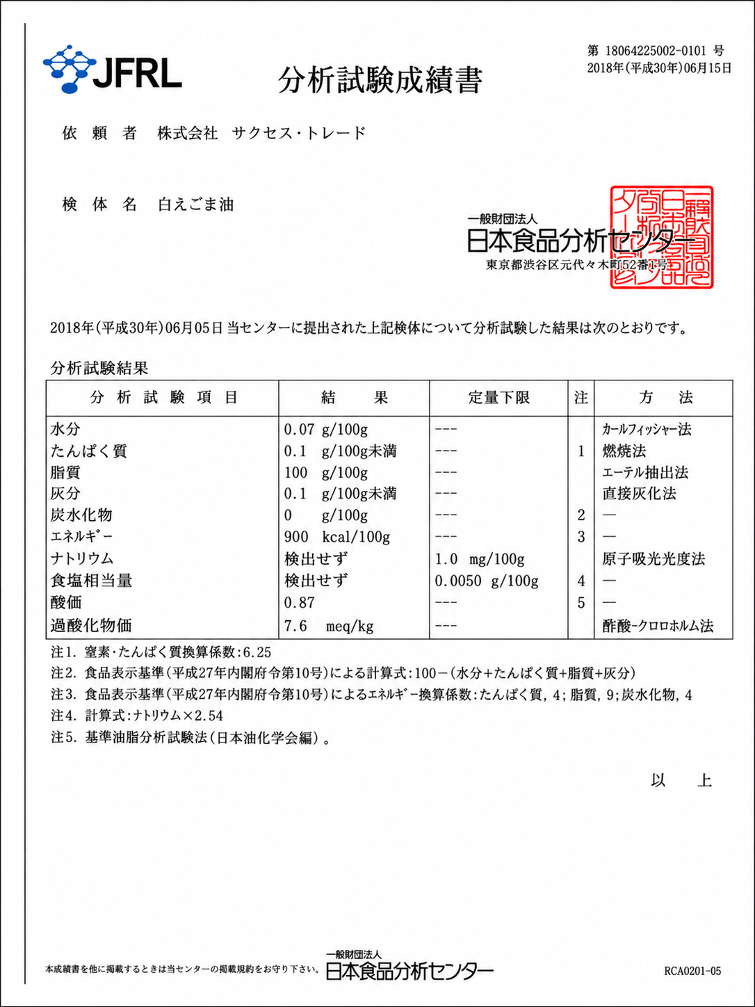 白えごま油 品質分析試験成績書 (2018年・日本食品分析センター)
